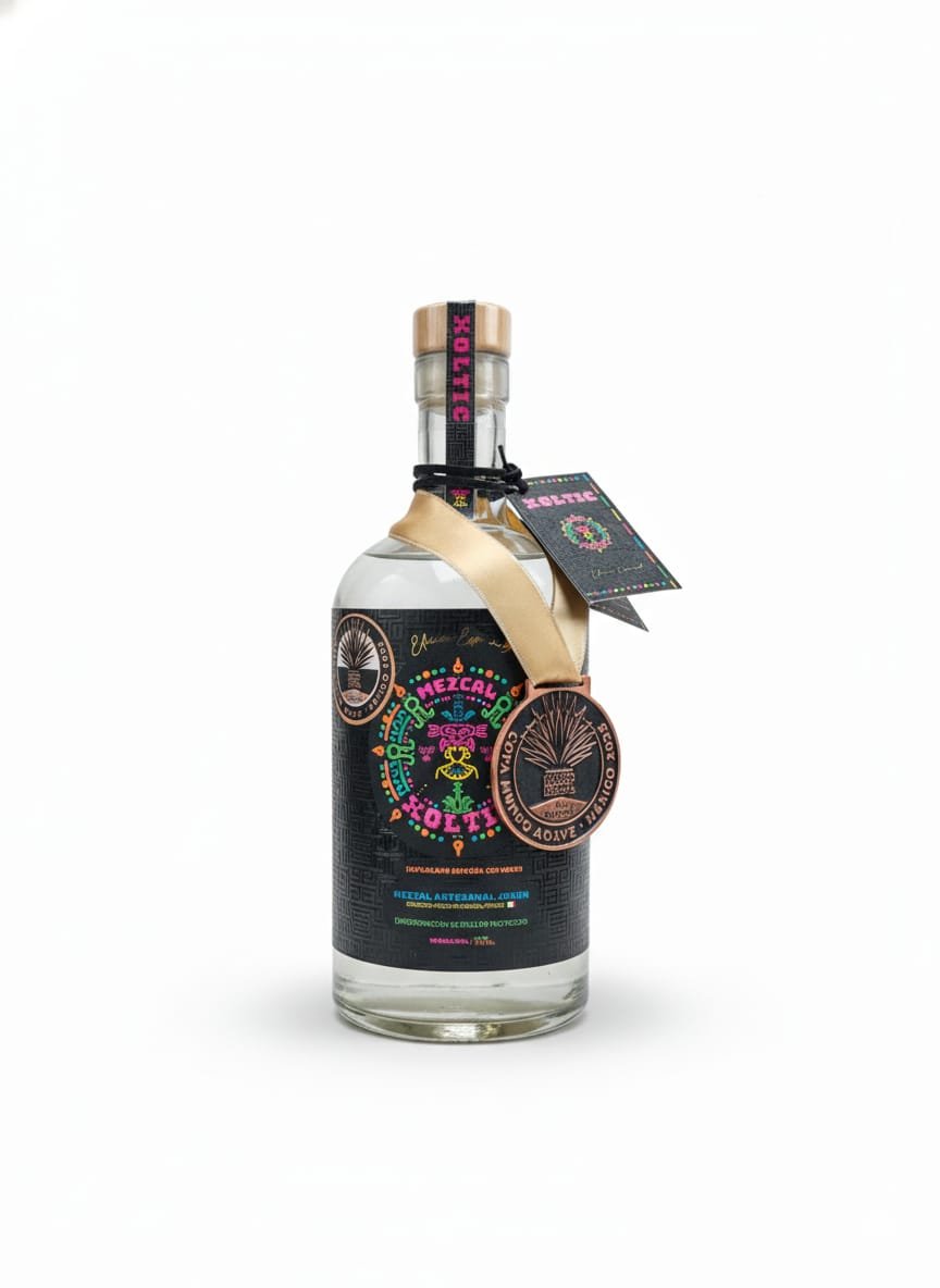 “Botella de mezcal artesanal Edición Especial Xoltic, espadín, con medalla de bronce obtenida en la Copa Mundo Mezcal.”