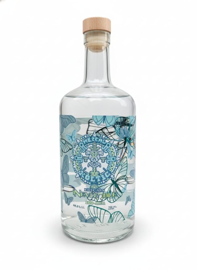 “Botella de mezcal Xoltic Edición Inevitable, elaborada en Michoacán con agave papalote (cupreata) y destilada con menta.”